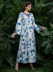 Al Najma Women's Elegant Floral Print Patchwork Loose Long Kaftan, Suitable For Parties,Modest - Multicolor - View 7