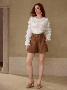 MOTF PREMIUM 100% LINEN SLANT POCKET PAPER BAG WAIST SHORTS - Brown - View 5