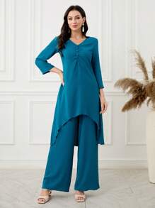 Lacomfia Conjunto de 2 peças: blusa e calça de manga comprida com botões e decoração de babados, cor sólida, minimalista e moderno para uso diário casual - Verde-azulado - Ver 1