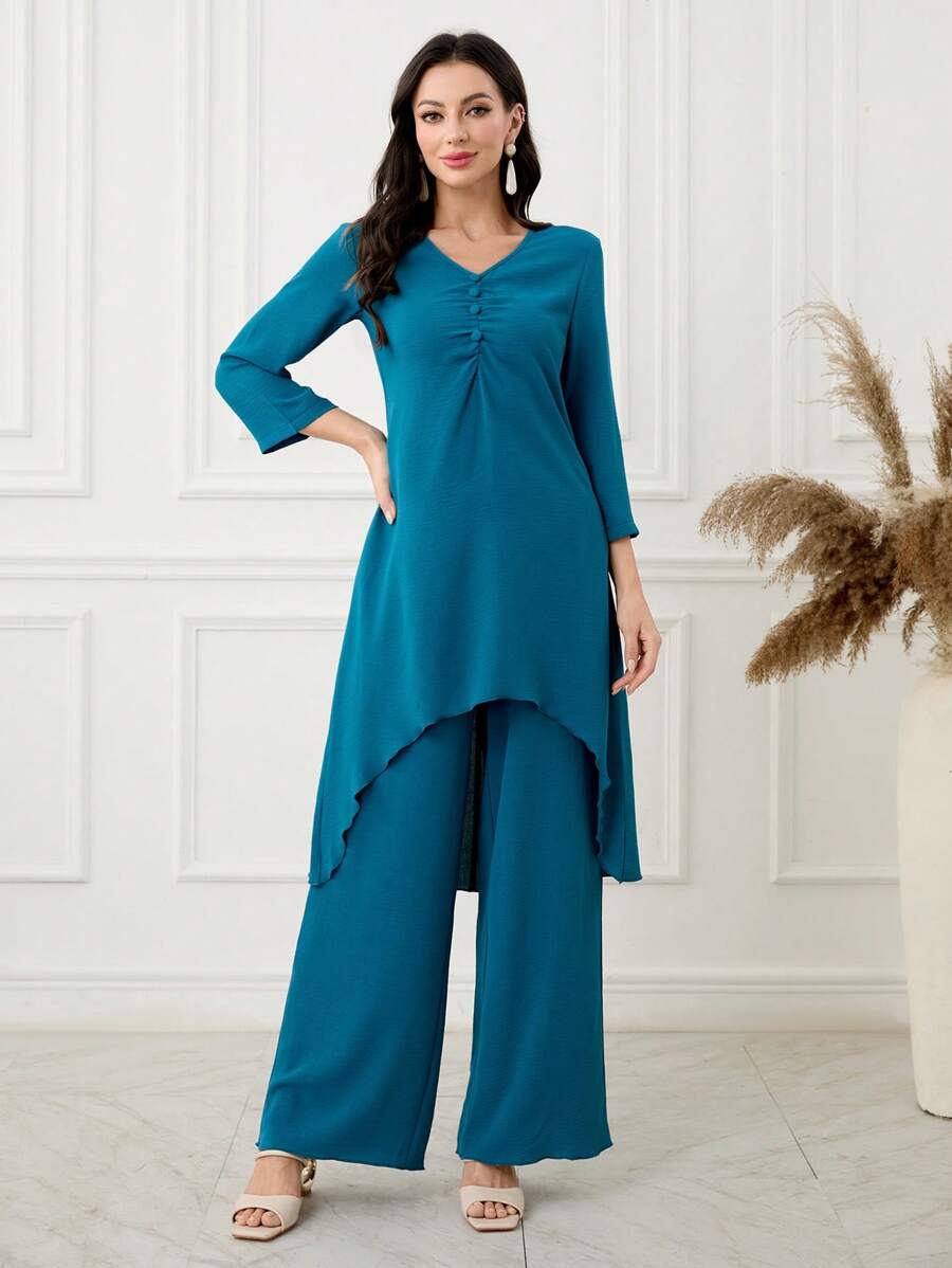 Lacomfia Conjunto de 2 peças: blusa e calça de manga comprida com botões e decoração de babados, cor sólida, minimalista e moderno para uso diário casual - Verde-azulado - Ver 1