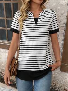 EMERY ROSE 女士灰色面料和格纹拼接短袖 T 恤，休闲日常穿着，春夏 - 彩色 - 查看 1