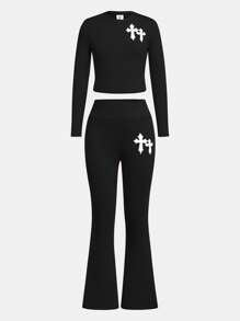 SHEIN Leap Crew Tween Girls Casual Street Style Solid Color Crew Neck Long Sleeve Knit Set - Black - View 6