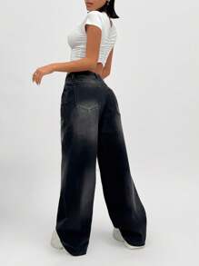 EURMUSE WOMEN LOW WAIST WIDELEG JEAN CASUAL STREET WEAR - Black - View 2