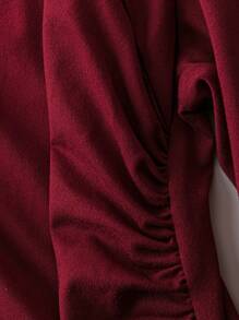 Flirla Plus Size Square Neck Cinched Waist Side Slit Midi Dress - Burgundy - View 3