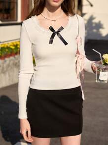 Jouncy 女士白色蕾丝边浪漫情人节蝴蝶结领针织长袖衬衫 - 白色 - 查看 5