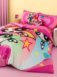 THE POWERPUFF GIRLS X SHEIN 3er Set süßer beidseitig bedruckter Bettwäsche-Set mit Herz-Cartoon-Motiv