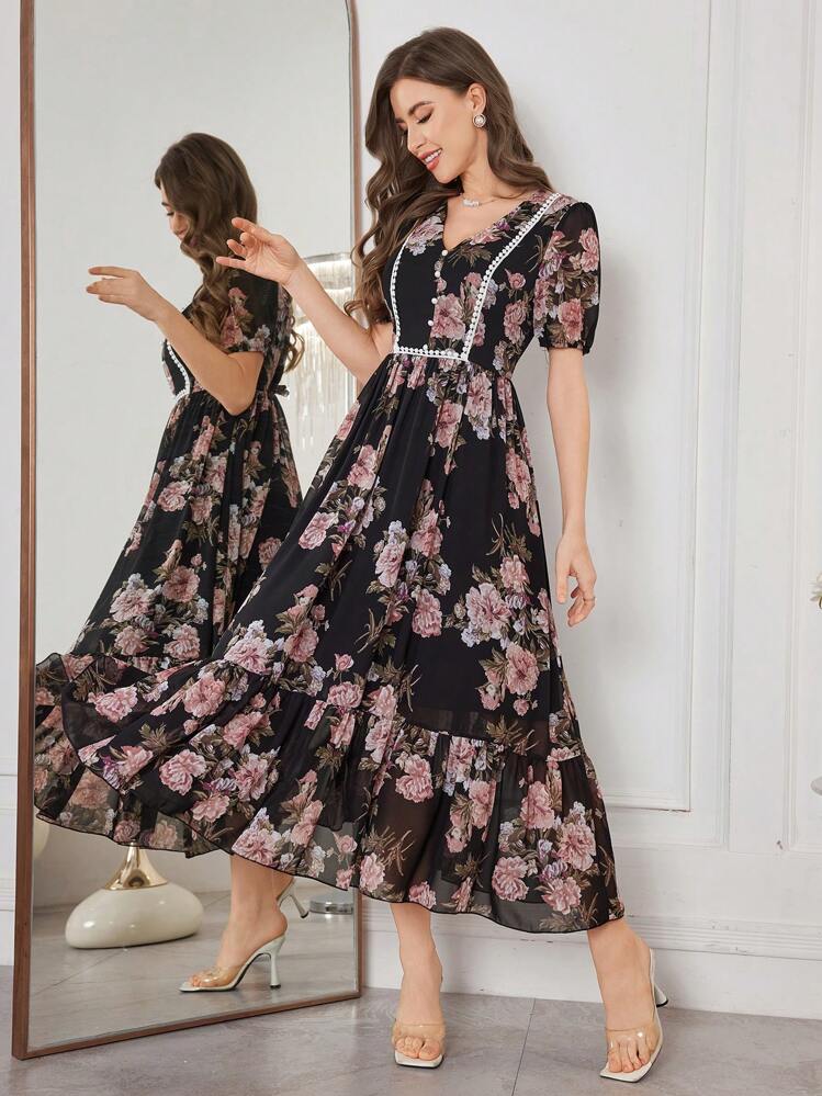 Modelyn Women's Floral Print Cinched Waist Fit And Flare Midi Dress With Ruffle Trim - Black - View 5