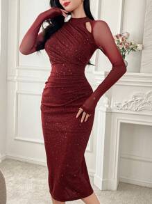 DAZY Women's Elegant Burgundy Red Sparkly Maxi Dress,Autumn Luxury Long Sleeve Formal Dress For Party Wear,Date Night Prom Homecoming Special Fabric Dress - Red - View 5