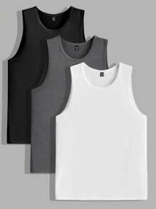 Manfinity VCAY 3pcs Pack Men's Solid Color Crew Neck Sleeveless Casual Knitted Tank Top - Light Grey - View 1
