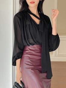 DAZY Áo cánh tay đèn lồng rộng rãi cổ chữ V thanh lịch dành cho nữ - màu đen - Xem 3