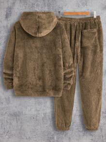 Manfinity VCAY 2 件男士修身连帽长袖加厚运动服，适合秋季 - 咖啡棕 - 查看 2