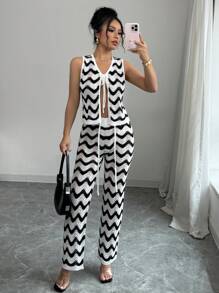 SHEIN Unity 2pcs/Set Women Lace-Up Sleeveless Striped Crop Top & Wide Leg Pants Knitted Sweater Set Fall Cloth For Women - Black and White - View 1