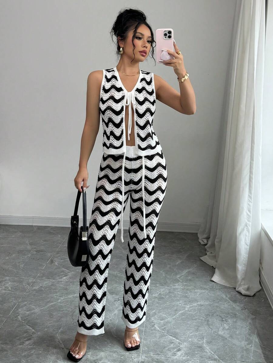 SHEIN Unity 2pcs/Set Women Lace-Up Sleeveless Striped Crop Top & Wide Leg Pants Knitted Sweater Set Fall Cloth For Women - Black and White - View 1