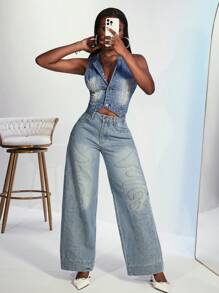 Slaydiva Women Casual Washed Denim Jacket With Embroidery - Blue - View 6