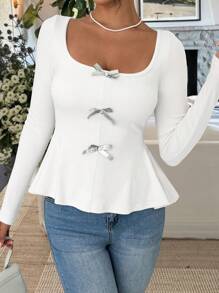 SHEIN Unity Autumn Casual Bow Decor Cinched-Waist Long Sleeve T-Shirt For Spring - White - View 4
