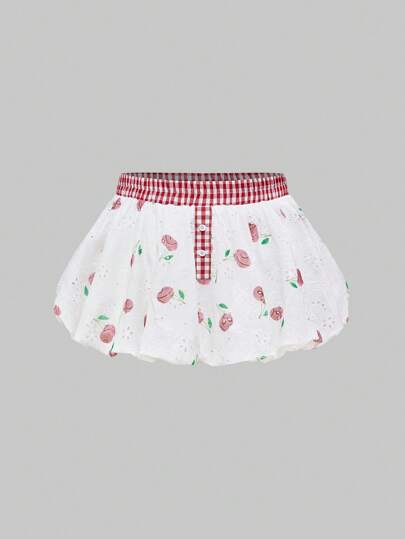 J-Fashion Plus Size Floral Print Waistband Patchwork Cherry Embroidered Skirt