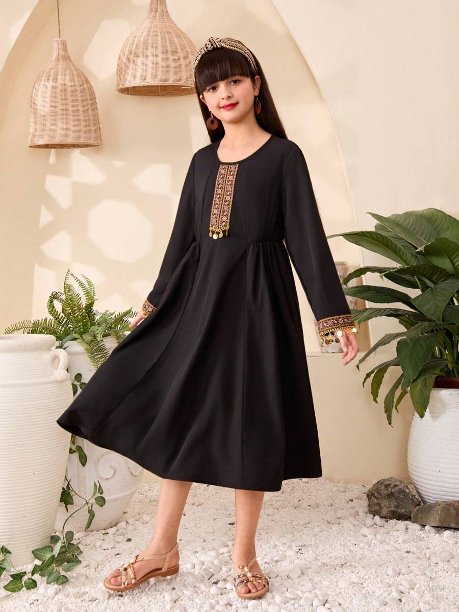 Tween Girls Black Long Sleeve Mid-Length Dress, Combining And Fashion Elements To Showcase The Unique Charm Of Young Girls - Black - View 1