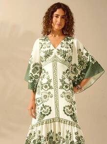 CAJUNI Women's Bohemian Tropical Floral Print, V-Neck Batwing Sleeve Backless Casual Dress, Vacation Style, Beige