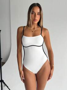 SHEIN Essnce Bodysuit Top Contrasted Strappy Bodysuit Women's Fashionable Contrast Color Trim Cami Bodysuit