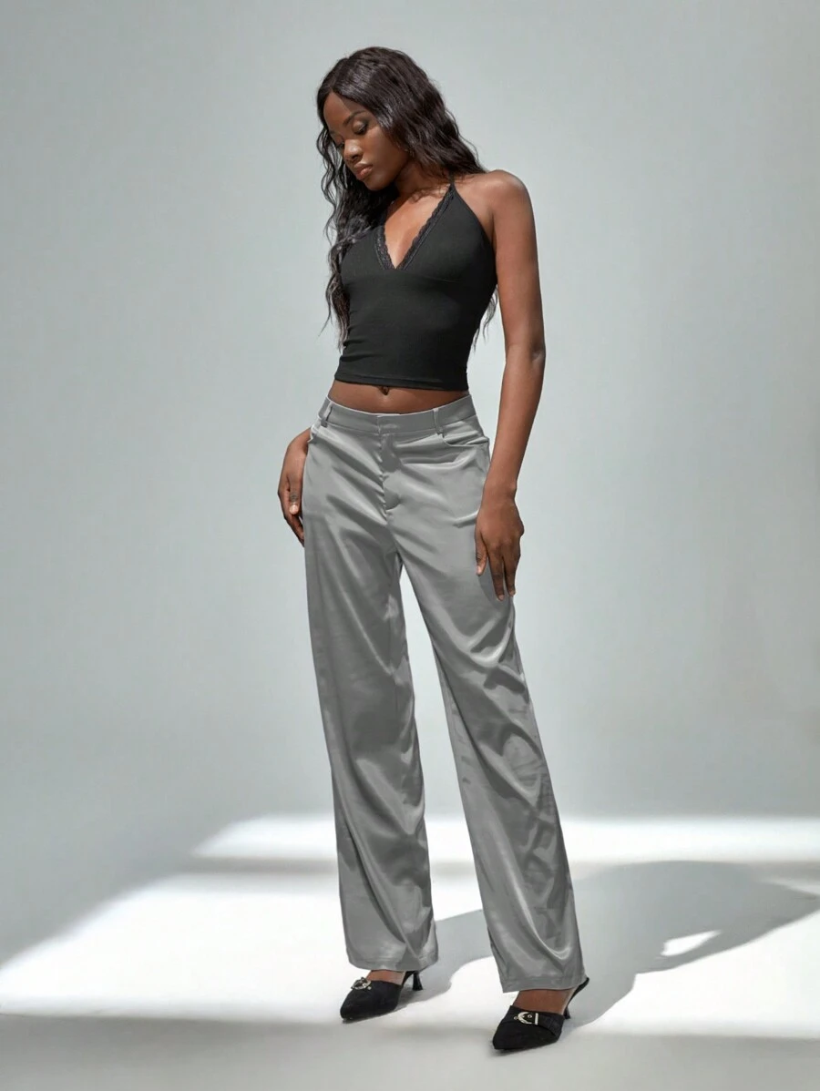 SHEIN Unity 时尚假日简约灰色缎面亮面修身优雅女裤 - 淺灰色 - 查看 1