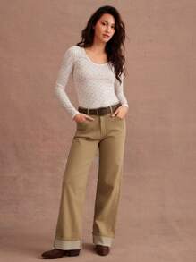 WESTFADE Spring High Rise Loose Fit Straight Leg Cuffed Denim Jeans Western Wear Women - Khaki - View 1