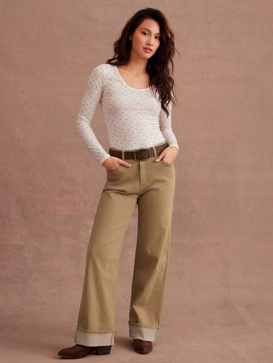 WESTFADE Spring High Rise Loose Fit Straight Leg Cuffed Denim Jeans Western Wear Women - Khaki - View 1
