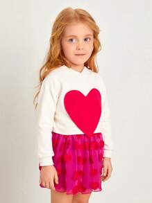 Tween Girls Heart Print Short Long Sleeve Sweatshirt And Puffy Heart Skirt Set, A Charming And Childrenswear Combination. It Is Suitable Not Only For Special Occasions But Also For Everyday Wear. Wearing This Set, Little Girls Can Showcase Their Sweetness And Cuteness, Becoming The Focus Of Attention.