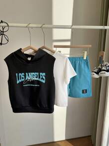 SHEIN 3pcs Young Boy Casual Korean Style Letter Graphic Print Hoodie Vest, Patch Decor Shorts, Solid Crew Neck Short Sleeve T-Shirt Knit 3-Piece Set, Suitable For School, Garden, Beach, Birthday, Spring, Summer, Autumn, Winter