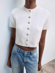 Maija 2026 Spring & Summer Outfits New All-White Knitted Crochet Round Neck Front Open Single-Breasted Metal Bow Button Soft Cardigan Sweater, Modern Elegant Urban Romantic Western Punk Country Music Festival Vintage Style Travel Street Wedding Guest Birthday Business Casual Office Date Party Outing Airport Back To School,Valentine Clothes - White - View 11