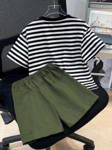 SHEIN 2pcs/Set Young Boys' Comfortable, Breathable And Affordable Daily Loose Fit Striped Short Sleeved T-Shirt And Casual Cool Workwear Shorts Two-Piece Set, Suitable For Spring And Summer Seasons, Suitable For Daily Use, Suitable For Sports, Suitable For Campus, Suitable For Gatherings, Suitable For Festivals, Suitable For Performances, Suitable For Photography - Multicolor - View 3