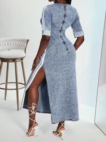 Slaydiva 女式纯色拼布短袖开衩休闲牛仔连衣裙