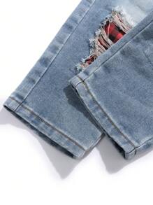 SHEIN Baby Boy Retro Distressed Vintage Washed Ripped Frayed Plaid Patchwork Loose Fit Straight Leg Light Blue Denim Jeans, For Spring/Summer - Light Wash - View 6