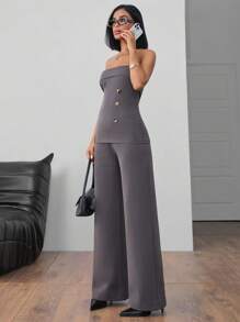 EURMUSE Women's Solid Gold Button Detailed Suit Set - Grey - View 6