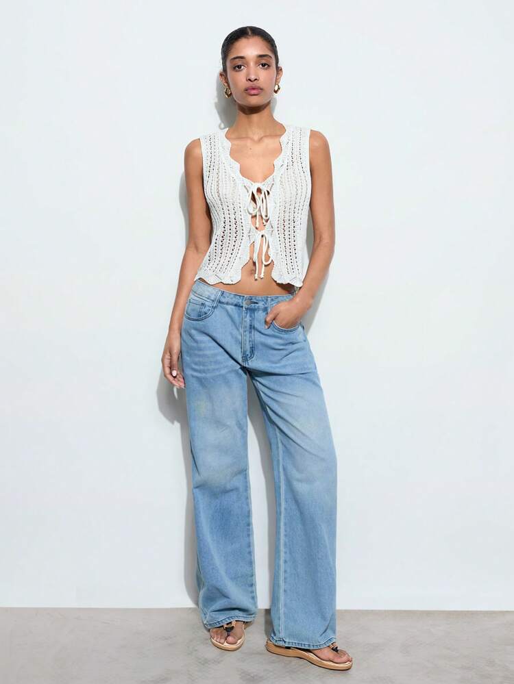 SHEIN Maija Women's White Summer Solid Color Textured Hollow-Out Fabric Wave Effect Front Tie Sleeveless Ruffle Simple Fashionable Casual Vacation Knit Tank Top Bohemian Beach Going Out