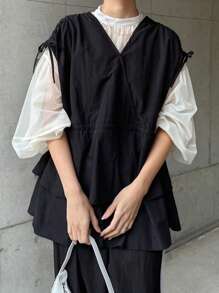 FRIFUL Women's Black Loose V-Neck Jacket With Waist Ruffle, Elegant, Spring - Black - View 1