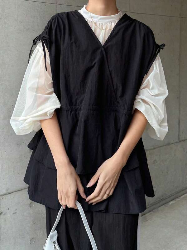 FRIFUL Women's Black Loose V-Neck Jacket With Waist Ruffle, Elegant, Spring