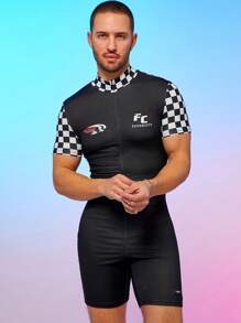 FeverCity Men's Digital Print Checkered Splicing Short Sleeve Skinny Jumpsuit - Black - View 1