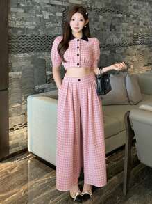 DAZY 2pcs Women Set Contrast Plaid Front Button Blouse And Long Pants Suit