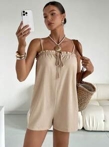 SHEIN Essnce Women Rompers,Women's Casual Solid Color Sleeveless Jumpsuit - Khaki - View 5
