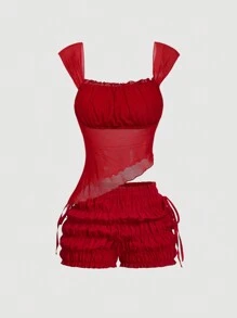 SHEIN MOD 女式红色两件套：不对称下摆修身上衣和泡泡细节低腰短裤，度假、生日、海滩、热带、派对、可爱、夏季、早午餐、春假、休闲、女式两件套 - 酒紅色 - 查看 2