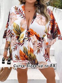 SHEIN CURVE+ 假日休闲 V 领宽松印花连体裤，配系带腰带，适合大码女士波西米亚风度假 - 彩色 - 查看 1