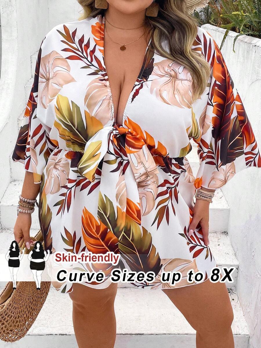 SHEIN CURVE+ 假日休闲 V 领宽松印花连体裤，配系带腰带，适合大码女士波西米亚风度假 - 彩色 - 查看 1