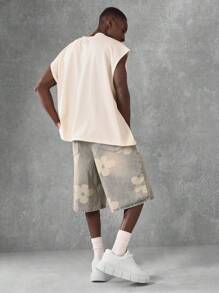 SUMWON 设计师花卉印花牛仔百慕大短裤复古水洗宽松夏季街头风格休闲棉质长款男式都市时尚牛仔短裤 - 藍色 - 查看 5