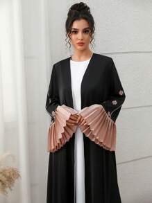 Yasmyna Abaya larga con mangas abullonadas de color bloque plisada, vestido modesto - Negro - Ver 1