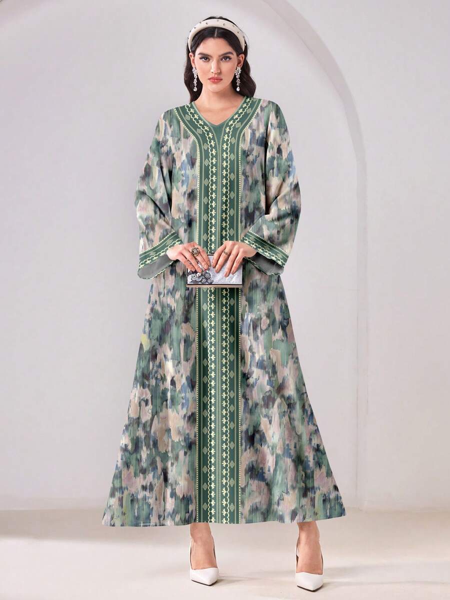 Al Najma Elegant Tie-Dye Printed Patchwork Maxi Arabian Dress - White - View 1