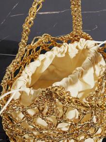 SHEIN SXY 女士手提包，编织包，镂空，时尚，优雅，简约，个性化，多功能，适合海滩，度假，假日，夏季，海边 - 金色 - 查看 7