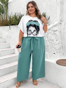 SHEIN CURVE+ 2 pezzi/set di completo maglietta a maniche corte e pantaloni per taglie forti, stile minimalista, moda casual per uso quotidiano