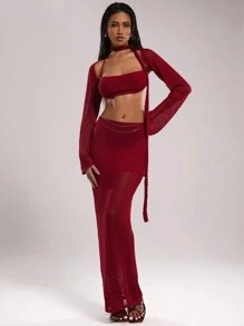 SHEIN BAE Women Solid Color Long Fitted Elegant Knit Midi Skirt Crochet Summer Outfits For Women Summer Skirt Vacation Outfits Woman Beach Outfits For Woman Beach Outfits For Woman Beach Western Wear Women Vacation Outfits Women Cover Ups For Swimwear - Red - View 4