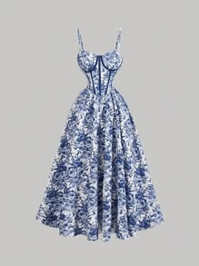 SHEIN MOD Plus SizeFloral Print Bustier Cami Blue And White Contrast Striped Waist Corset Structure Dress,Vacation Outfits Woman,Summer Dress,Country Outfits,Beach Vacation Wear,Summer Dress,Easter Dress Women,Summer Dresses For Women,Tea Party Dress,Beach Dress Sundress,Holiday Outfits Boho