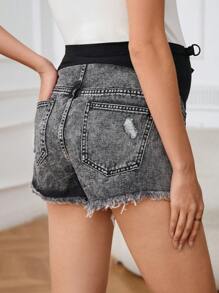 SHEIN Celana Pendek Denim Pinggang Tinggi Sobek Cuci Kasual untuk Ibu Hamil Musim Panas - Grey - View 2